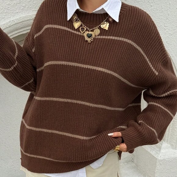 Chocolate Brown Casual Women's Striped Loose Fit Crew Neck Sweater - Picture 3 of 7